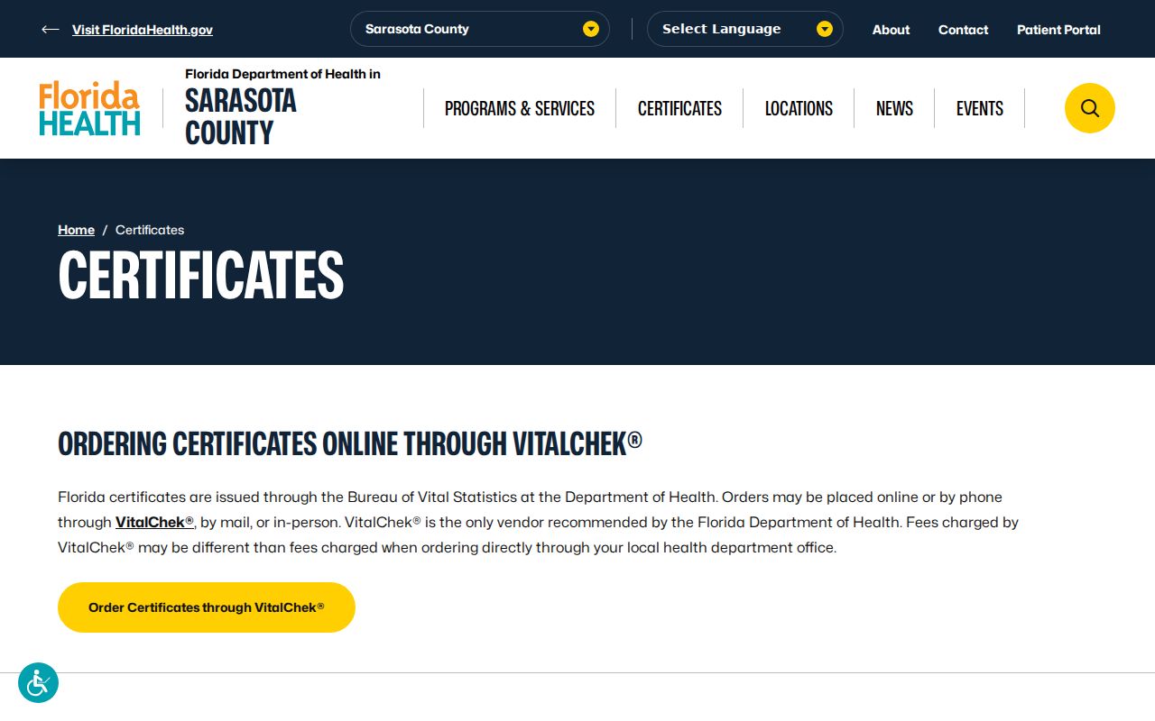 Sarasota County vital certificate access page used to verify a North Port resident